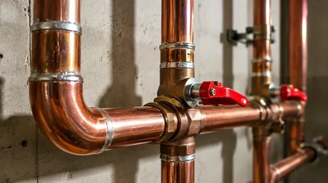 Copper water lines with brass fittings and red-handled ball valves on a concrete wall.