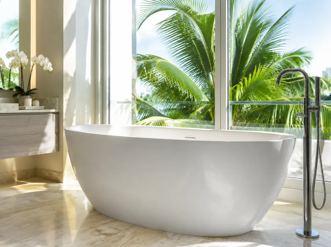White freestanding soaking tub with a chrome floor-mounted tub filler beside a window framing palm trees.
