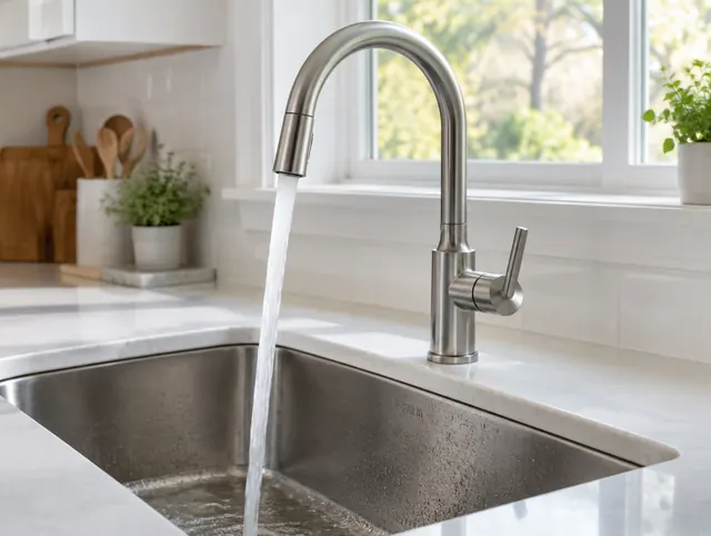 Brushed steel gooseneck kitchen faucet running water into a stainless undermount sink.
