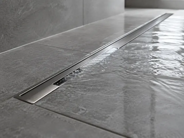 Stainless steel linear shower drain set in grey porcelain tile with water flowing into it.