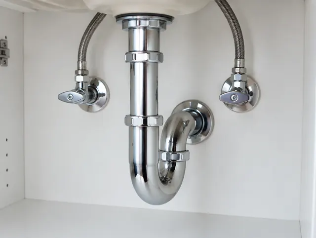 Chrome P-trap drain and two quarter-turn shut-off valves with braided supply lines under a sink.